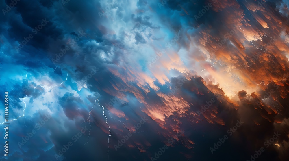 Fototapeta premium A dramatic sky showcasing a blend of dark storm clouds and bright orange hues, illuminated by lightning.