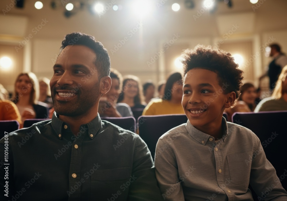 Father and son smiling and watching a performance at the theater, sharing a special moment together Father and son smiling and watching a performance at the theater, sharing a special moment together