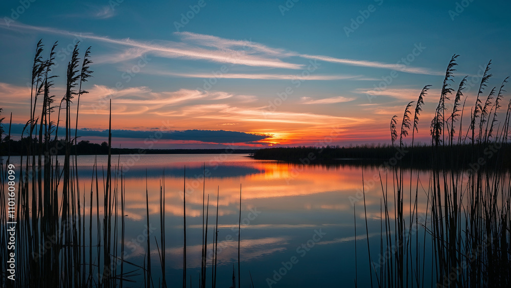 Idyllic lake sunset with dramatic clouds and reflective water Idyllic lake sunset with dramatic clouds and reflective water