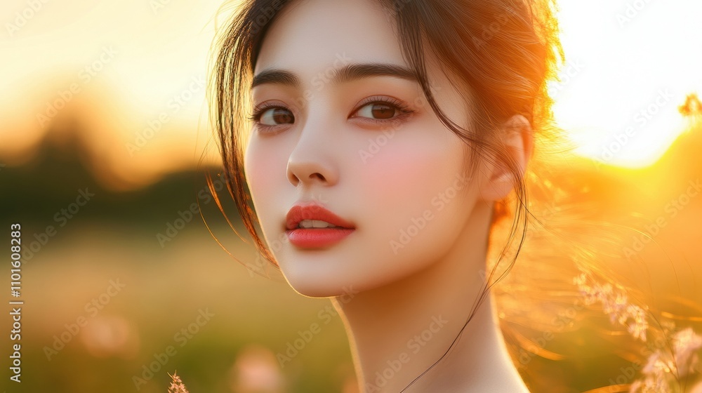 A sweet Asian woman with dewy skin and glossy, pink lips, her makeup accentuating her natural beauty with a soft, glowing complexion, under a warm sunset light A sweet Asian woman with dewy skin and glossy, pink lips, her makeup accentuating her natural beauty with a soft, glowing complexion, under a warm sunset light
