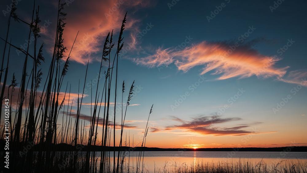 Sunset over serene lake with reeds and vibrant clouds above. Sunset over serene lake with reeds and vibrant clouds above.