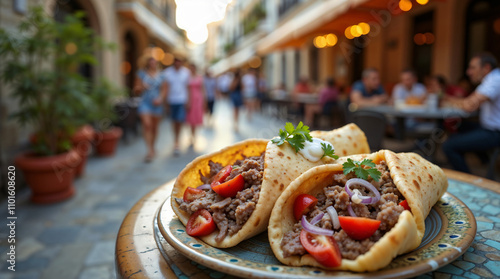 Gyros griegos con carne, tomate y cebolla en una calle tradicional photo