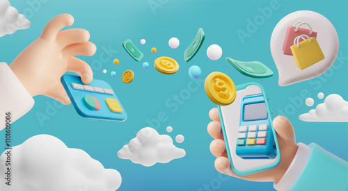 Online shopping card payment mobile system service for purchases, money transfer from bank card to smartphone 3D vector