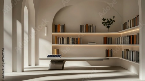 A minimalist study space under Laburnum arches, featuring a sleek modern bench with integrated solar-powered study lamp and minimalist shelving stocked with botanical books.