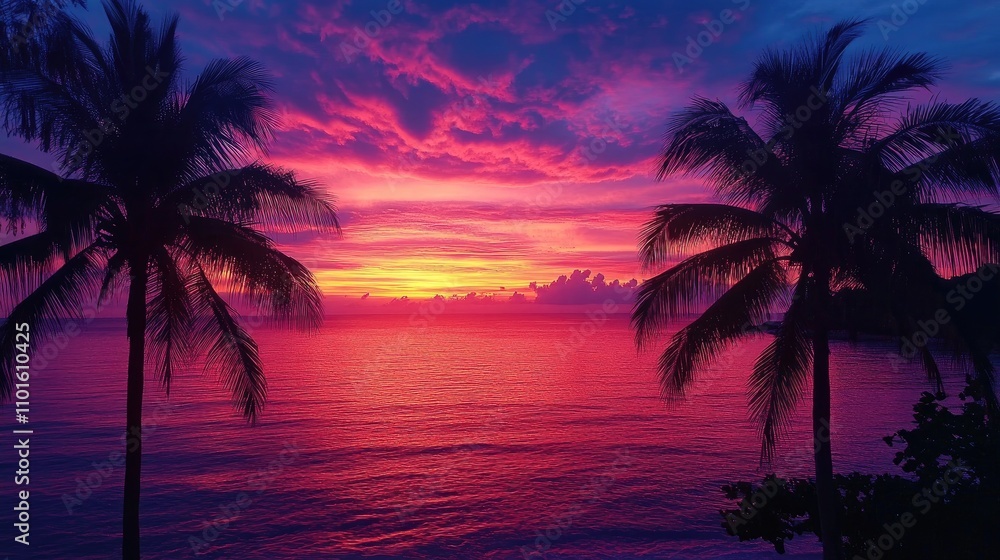 Vibrant sunset paints the sky with pink and purple hues over tranquil tropical beach, framed by swaying coconut palm trees. Vibrant sunset paints the sky with pink and purple hues over tranquil tropical beach, framed by swaying coconut palm trees.