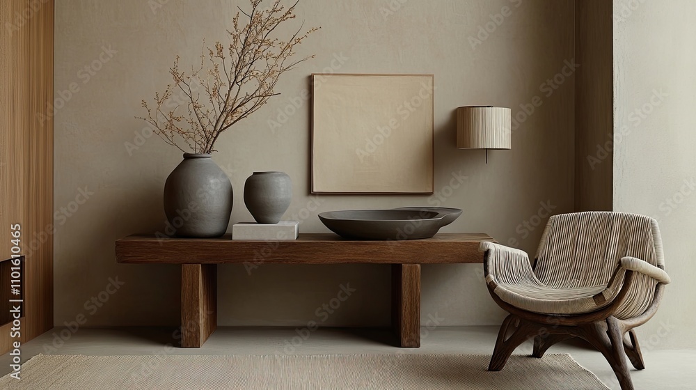 Neutral-toned room with a wooden bench, vases, and a unique woven chair. Earthy tones and minimalist design create a serene atmosphere. Neutral-toned room with a wooden bench, vases, and a unique woven chair. Earthy tones and minimalist design create a serene atmosphere.