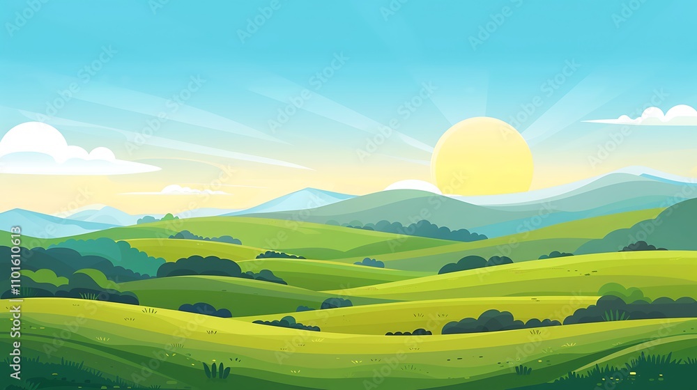 Obraz premium A vibrant landscape featuring rolling hills, a bright sun, and a clear sky, ideal for nature-themed designs.