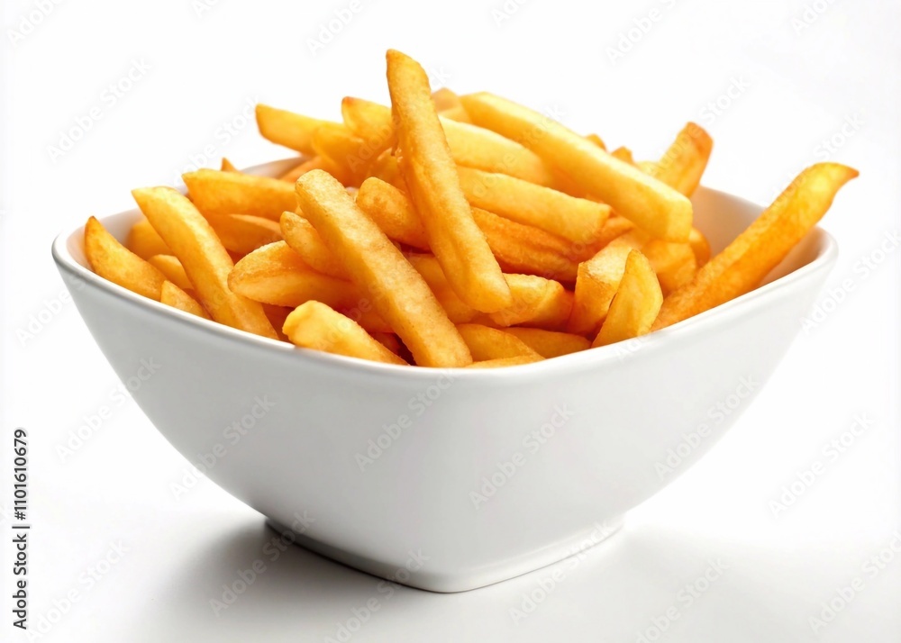 A bowl of golden French fries isolated on a clean white background A bowl of golden French fries isolated on a clean white background