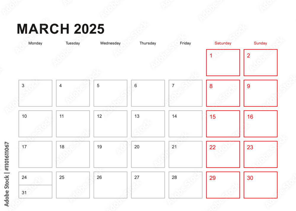 Wall planner for March 2025 in English language, week starts in Monday. Wall planner for March 2025 in English language, week starts in Monday.