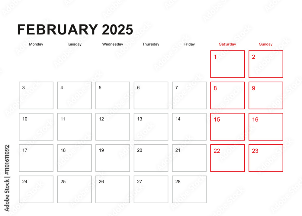 Wall planner for February 2025 in English language, week starts in Monday. Wall planner for February 2025 in English language, week starts in Monday.