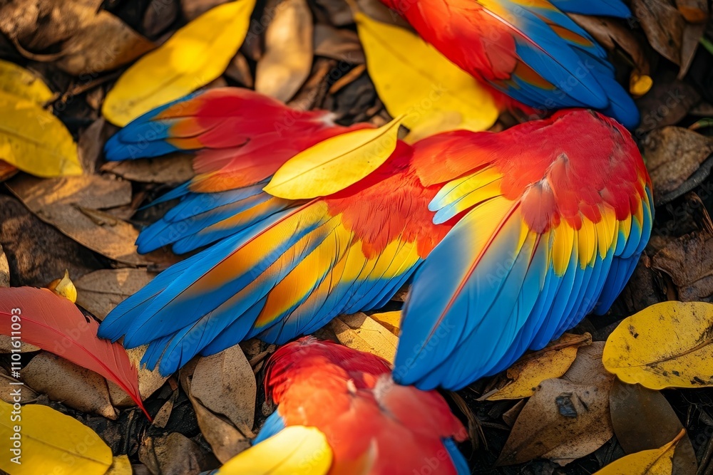 Fototapeta premium Vibrant macaw feathers among fallen leaves.