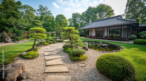 A tranquil Japanese garden with a stone path leading through bonsai trees, a small pond, and a traditional tea house