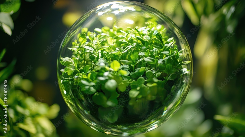 Vibrant green plants thriving within a clear glass orb, showcasing lush foliage illuminated by soft lighting for a serene natural display. Vibrant green plants thriving within a clear glass orb, showcasing lush foliage illuminated by soft lighting for a serene natural display.
