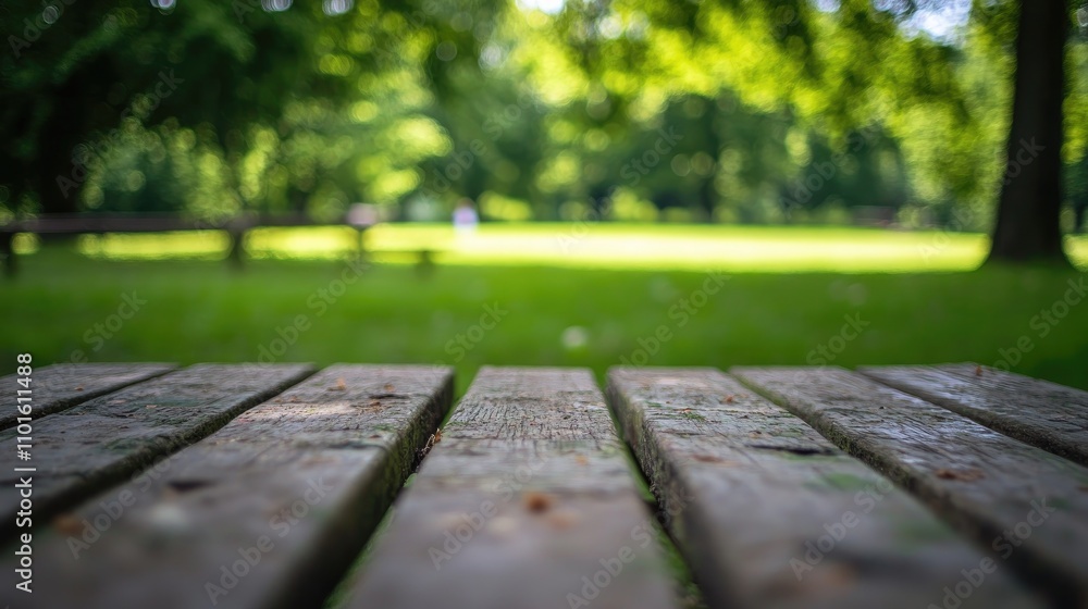 Wooden table surface in the foreground with a soft-focus lush green park backdrop filled with trees and blurred sunlight filtering through foliage. Wooden table surface in the foreground with a soft-focus lush green park backdrop filled with trees and blurred sunlight filtering through foliage.