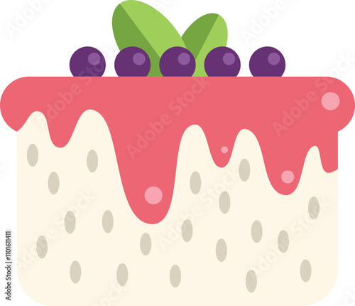 Illustration of a square cake with pink icing dripping down the sides, topped with blueberries and green leaves