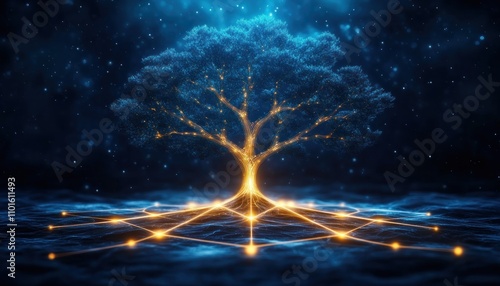 A luminous tree with glowing branches connecting to radiant patterns of progress illuminating the path to innovation, growth, and technological advancement This breathtaking digital art depicts a