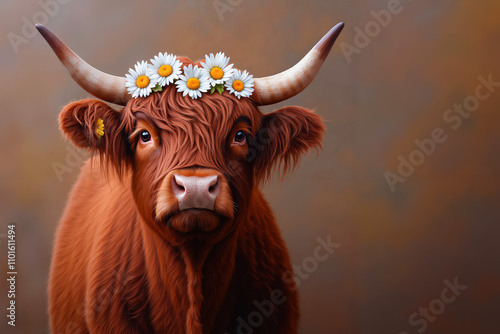 A brown cow with a flower crown on its head photo