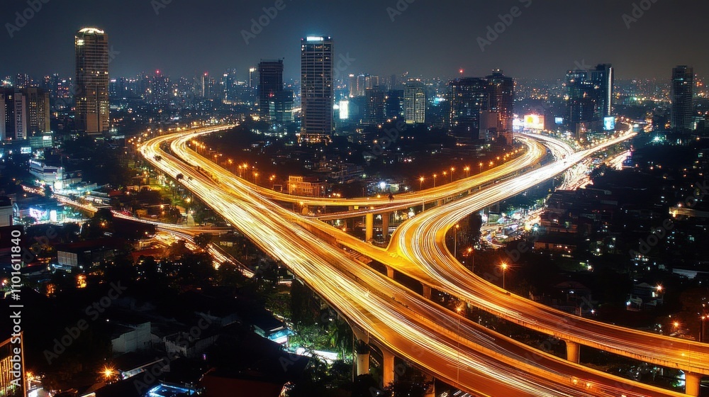 An aerial view of a bustling highway at night with illuminated light trails weaving through the city. The dynamic movement captures the energy of urban transportation and modern infrastructure. An aerial view of a bustling highway at night with illuminated light trails weaving through the city. The dynamic movement captures the energy of urban transportation and modern infrastructure.