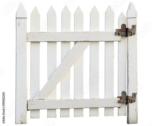 A rustic white wooden gate with a classic design and metal hinges, adding charm to any garden. Isolated on transparent white background, png photo