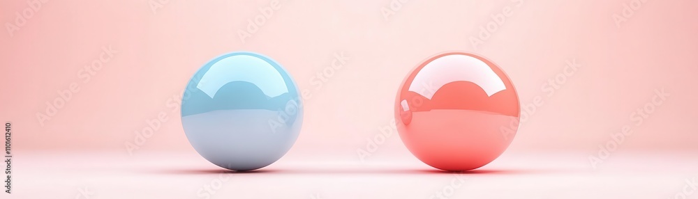 Two glossy spheres in soft pastel colors, blue and pink, sit on a smooth surface against a light pink background, creating a minimalist aesthetic. Two glossy spheres in soft pastel colors, blue and pink, sit on a smooth surface against a light pink background, creating a minimalist aesthetic.
