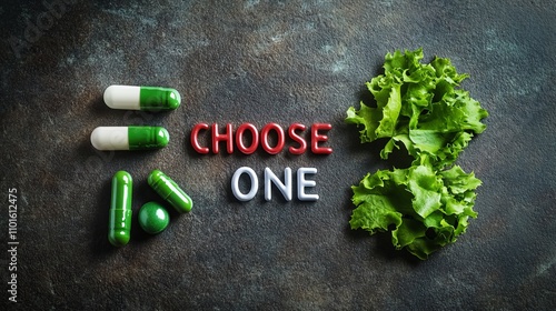 A vibrant arrangement featuring green capsules and fresh lettuce, with the phrase 'CHOOSE ONE' emphasized. The image conveys a healthy lifestyle choice. photo