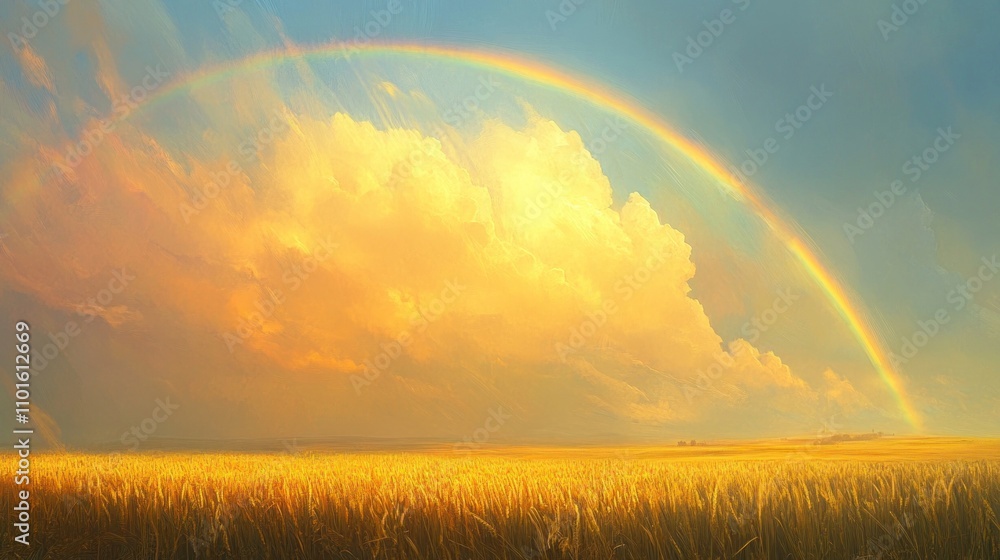 An arching rainbow fills the sky above a field of grain, its colors vivid against lingering storm clouds. The sun peeks through, casting a warm glow over the tranquil scene. An arching rainbow fills the sky above a field of grain, its colors vivid against lingering storm clouds. The sun peeks through, casting a warm glow over the tranquil scene.
