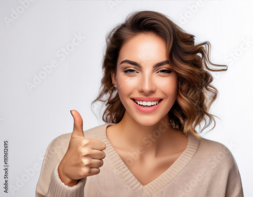 Wallpaper Mural Mujer joven y guapa en actitud de exito con el pulgar hacia arriba y sonriente sobre fondo blanco Torontodigital.ca