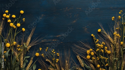 Thanksgiving themed backdrop with golden wheat spikelets and vibrant yellow flowers on a textured dark navy blue wooden surface, perfect for adding text. photo