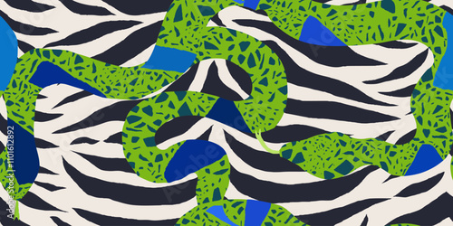 Exotic hand drawn snakes with zebra skin pattern. Dynamic tropical print. Fashionable template for design. 