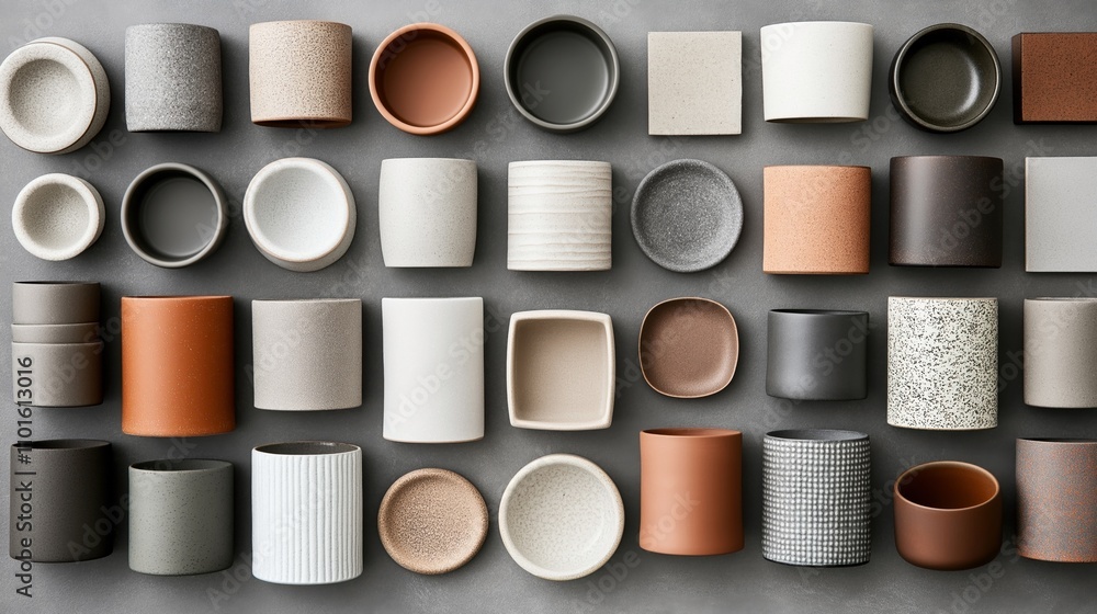 Collection of ceramic pots and containers in various shapes and earth tones arranged in rows on a gray surface.