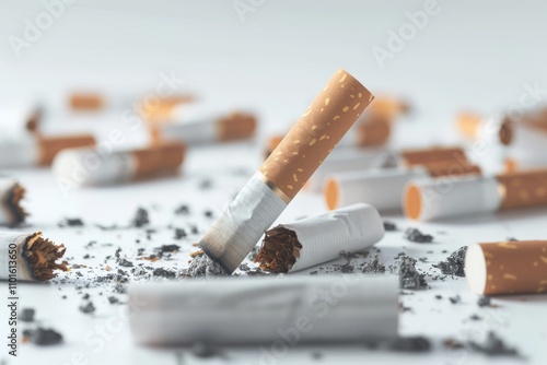 Close-Up Image of Discarded Cigarettes and Ashes on a White Surface Representing Smoking Habits, Pollution, and Health Risks Related to Tobacco Use photo