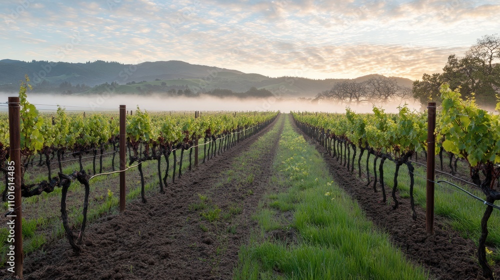 A view of a peaceful vineyard in the early morning light, with rows of grapevines stretching into the distance and mist rising from the ground A view of a peaceful vineyard in the early morning light, with rows of grapevines stretching into the distance and mist rising from the ground