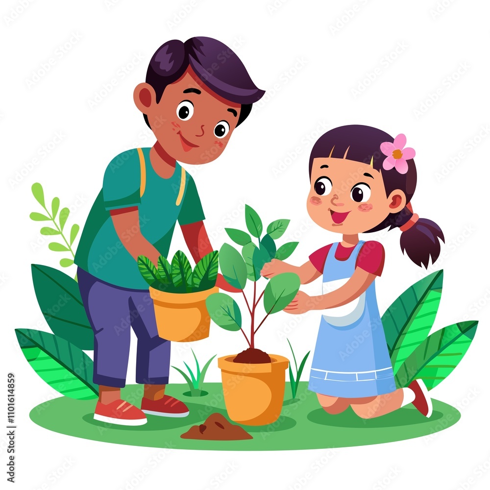 A boy and a girl are planting a tree together A boy and a girl are planting a tree together