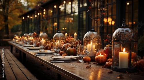 A beautifully arranged Thanksgiving table setting outdoors, featuring pumpkins and candles as the centerpiece, with an autumn-inspired home decoration theme.