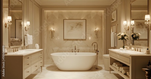 Luxurious Bathroom Interior with a Freestanding Tub and Gold Accents