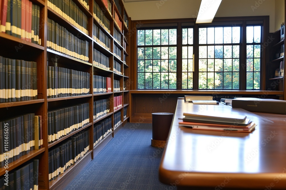 Fototapeta premium side view, books in library, desk with books, high resolution photography 