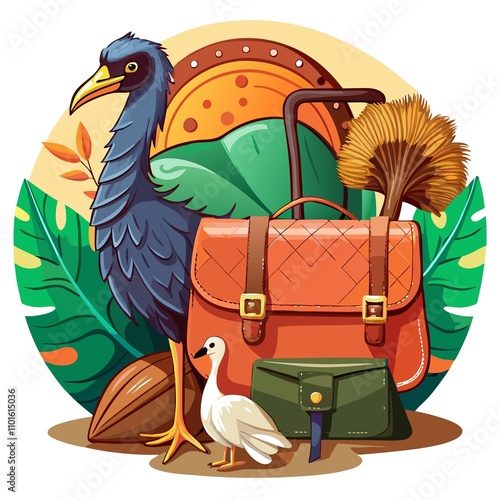 A colorful drawing of a bird, a suitcase, and a feather duster photo