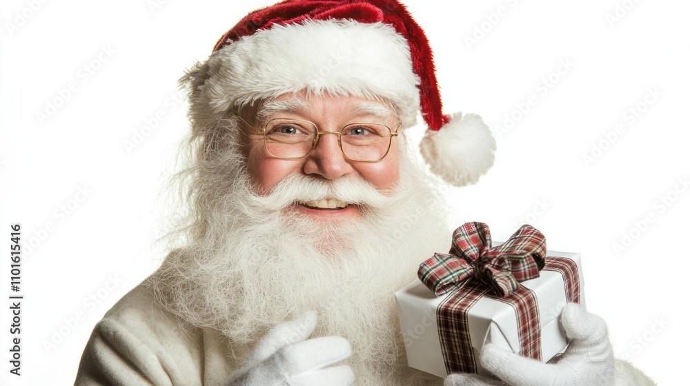 Close-up of Santa offering a tiny white gift box wrapped with a plaid bow, isolated on a clean white background Close-up of Santa offering a tiny white gift box wrapped with a plaid bow, isolated on a clean white background