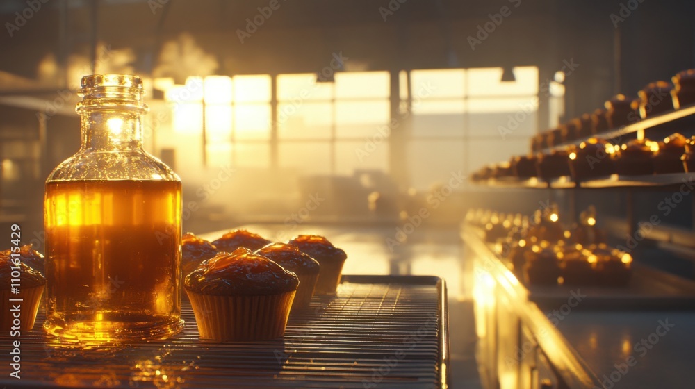 Warm Glow of Freshly Baked Cupcakes with Honey Jar in Cozy Bakery Setting at Sunrise, Evoking Comfort and Culinary Delight in a Rustic Atmosphere Warm Glow of Freshly Baked Cupcakes with Honey Jar in Cozy Bakery Setting at Sunrise, Evoking Comfort and Culinary Delight in a Rustic Atmosphere