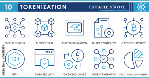 A set of line icons related to Tokenization. Digital Token, blockchain, smart contracts, cryptocurrency, data security, and so on. Vector editable stroke.