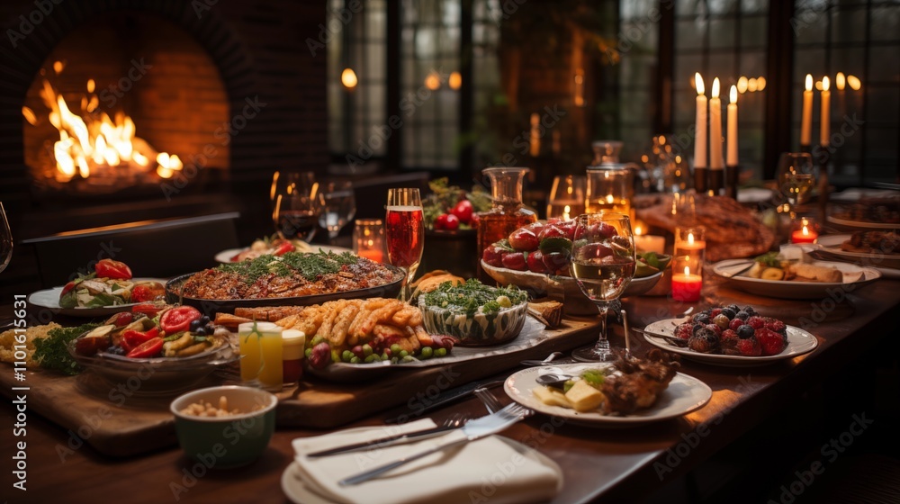 A beautifully decorated Christmas table featuring a festive meal, complete with traditional dishes, candles, and holiday decorations. A beautifully decorated Christmas table featuring a festive meal, complete with traditional dishes, candles, and holiday decorations.