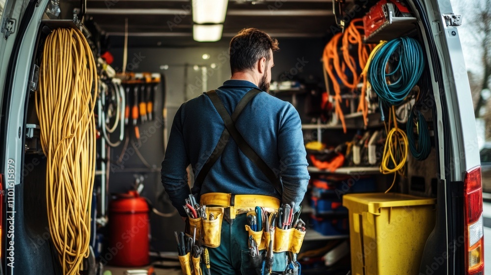 custom made wallpaper toronto digitalAn electrician wearing a tool belt stands inside a utility van, sorting through wires, cables, and tools in preparation for electrical repairs