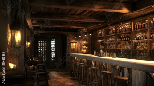 A dimly lit rustic bar interior with wooden elements and shelves lined with bottles, creating a warm, inviting atmosphere ideal for socializing and enjoying nightlife