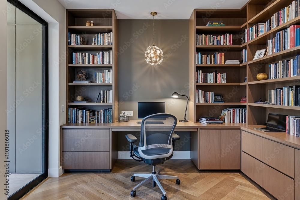 Fototapeta premium Modern Urban Apartment Featuring Space-Saving Bookcase and Comfortable Ergonomic Chair for a Contemporary Library Setup