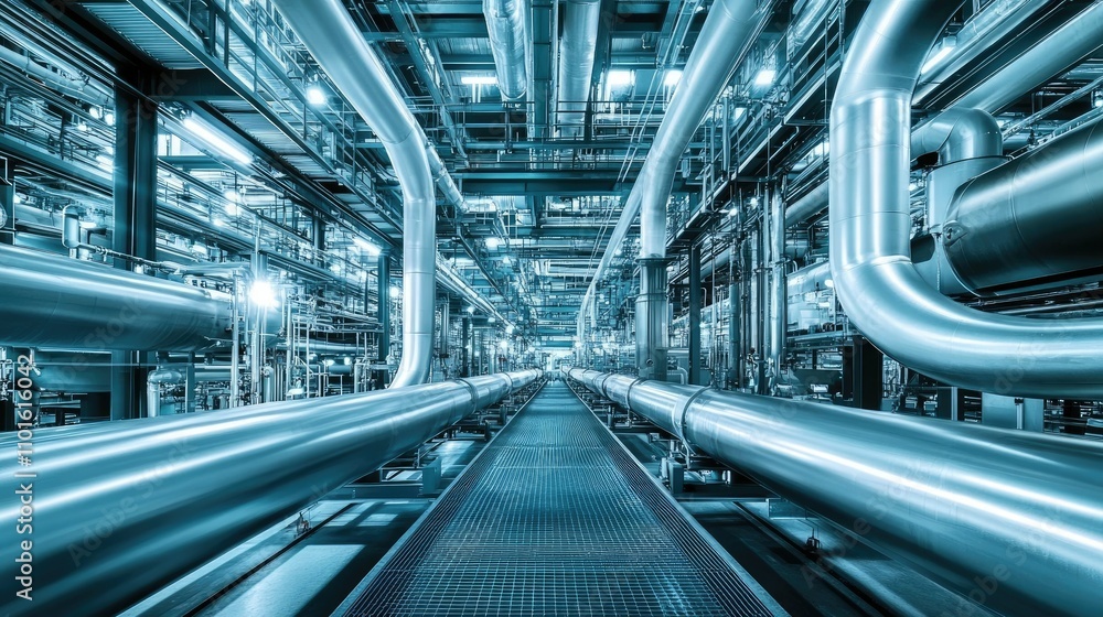 Fototapeta premium A futuristic factory filled with sleek, complex piping systems that run across the ceiling and walls in a high-tech industrial environment.