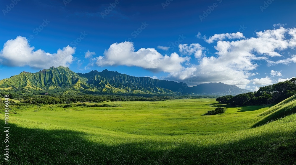 Fototapeta premium Lush green field under a clear blue sky with fluffy clouds, framed by distant mountains creating a stunning natural landscape.