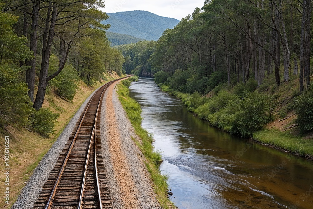 Fototapeta premium Scenic Nature Travel Along Railroad with Forest Trees and River Views