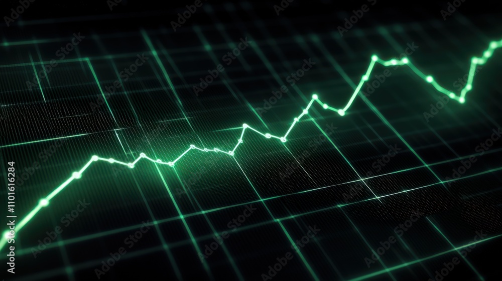 A neon green line graph on a dark background with grid lines, showing fluctuating stock market investments with points highlighting significant trades. A neon green line graph on a dark background with grid lines, showing fluctuating stock market investments with points highlighting significant trades.