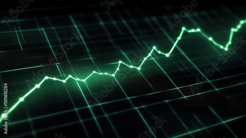 A neon green line graph on a dark background with grid lines, showing fluctuating stock market investments with points highlighting significant trades.