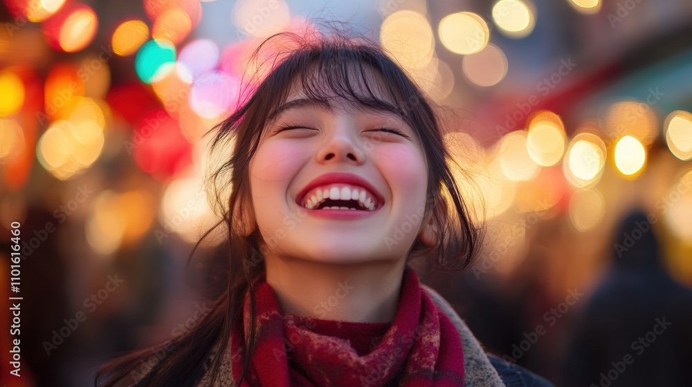 A young Asian woman laughing joyfully, her eyes closed and her face lit up by a wide, genuine smile, with colorful street market lights behind her A young Asian woman laughing joyfully, her eyes closed and her face lit up by a wide, genuine smile, with colorful street market lights behind her